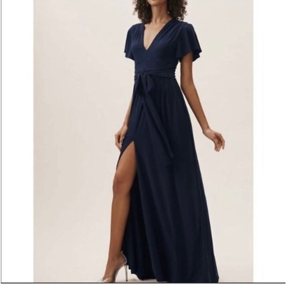 Anthropologie BHLDN Navy Mendoza Formal Front Slit Dress Womens Size 8 READ FLAW